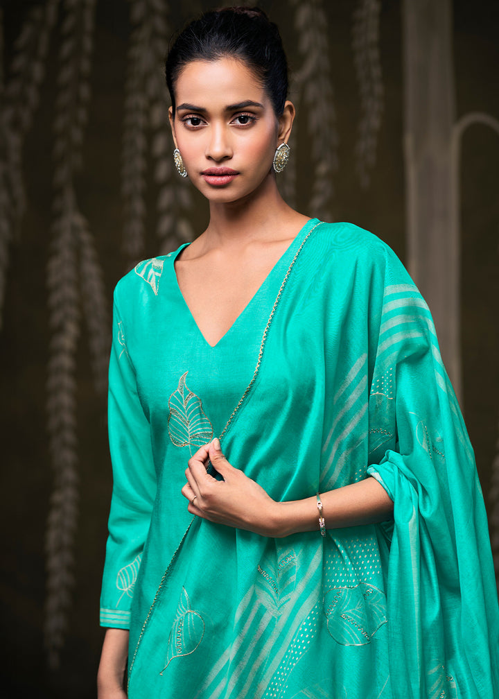 Turquoise Green Silk Printed Straight Kurta Set with Hand Embroidery &amp; Zari Work