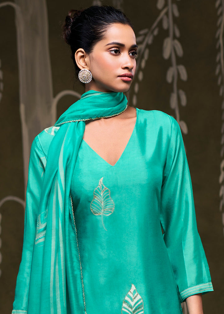 Turquoise Green Silk Printed Straight Kurta Set with Hand Embroidery &amp; Zari Work