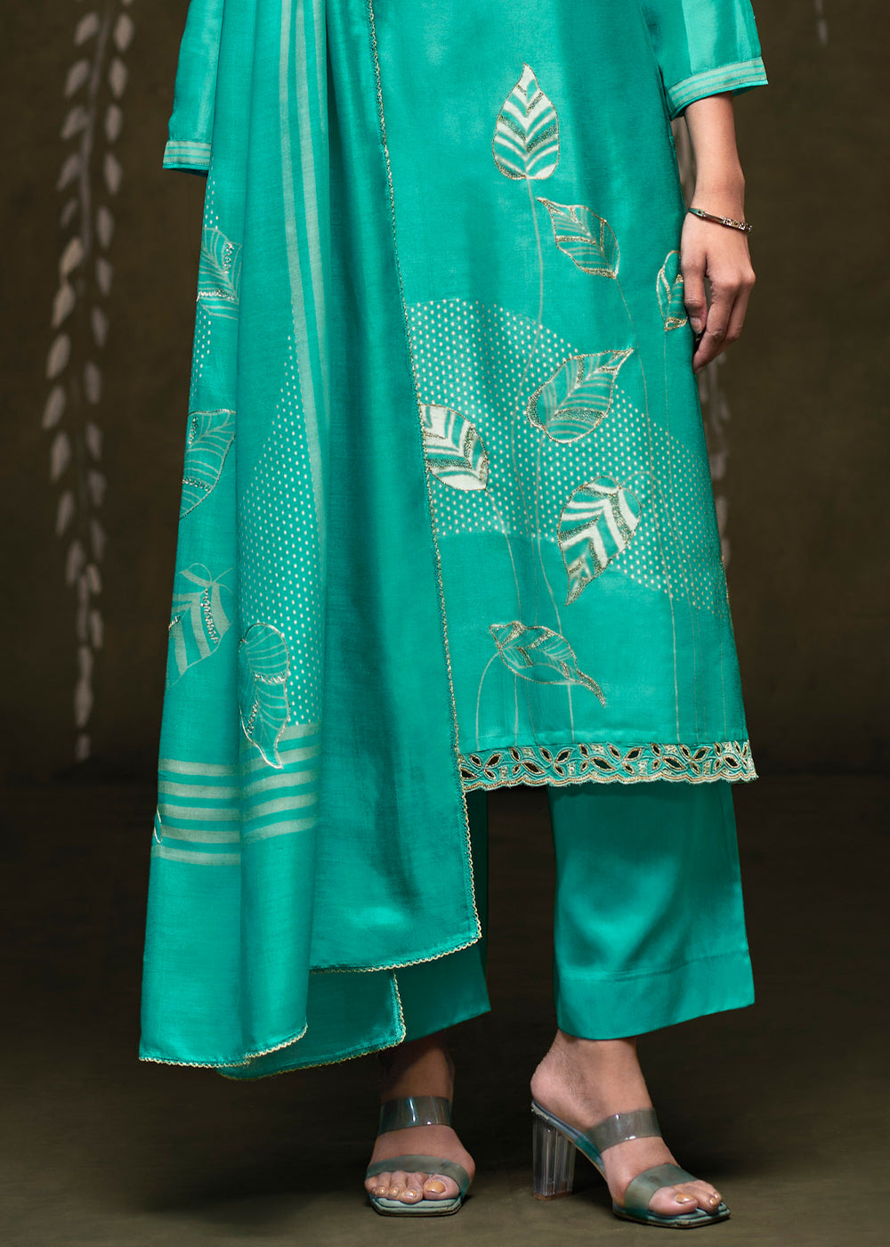 Turquoise Green Silk Printed Straight Kurta Set with Hand Embroidery &amp; Zari Work