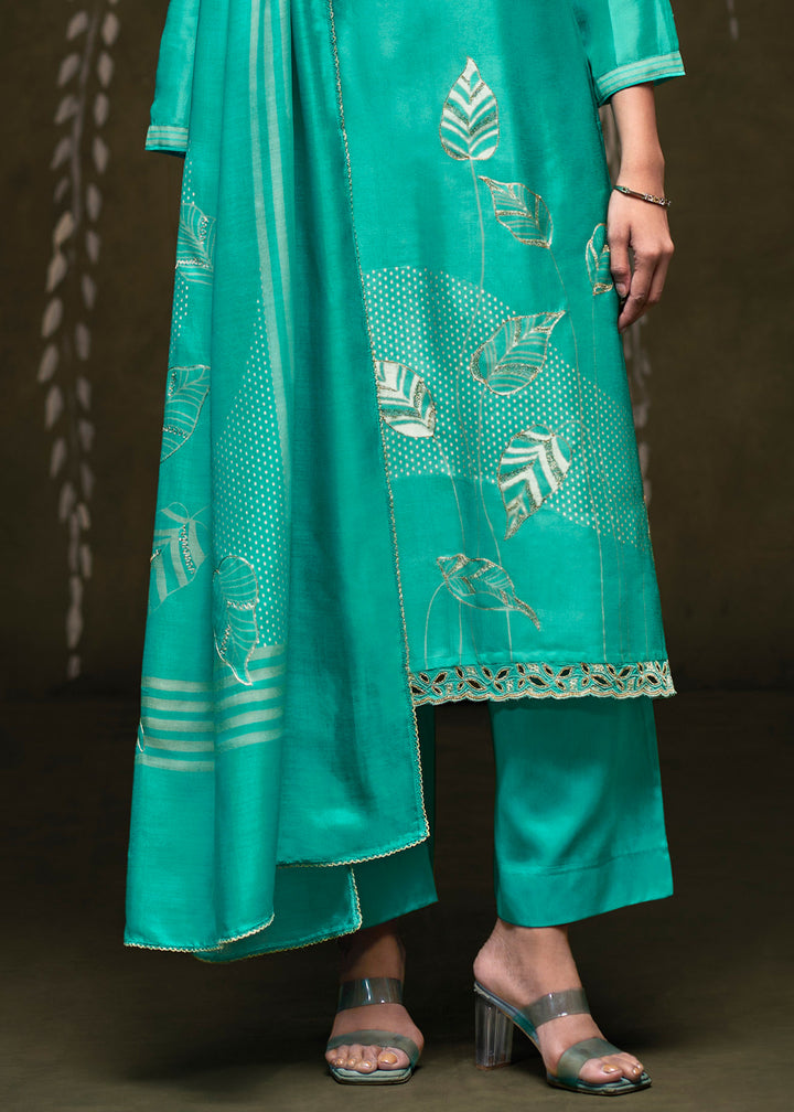 Turquoise Green Silk Printed Straight Kurta Set with Hand Embroidery &amp; Zari Work