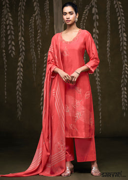 Coral Pink Silk Printed Straight Kurta Set with Hand Embroidery & Zari Work