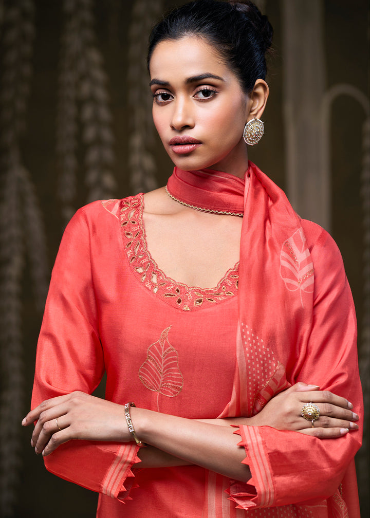 Coral Pink Silk Printed Straight Kurta Set with Hand Embroidery &amp; Zari Work