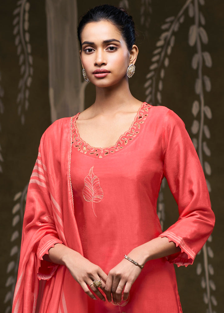 Coral Pink Silk Printed Straight Kurta Set with Hand Embroidery &amp; Zari Work
