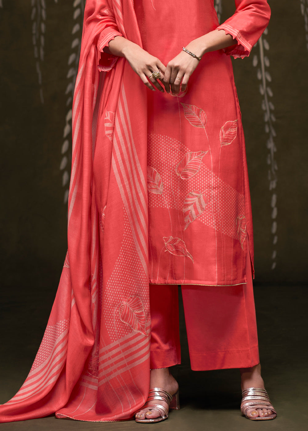 Coral Pink Silk Printed Straight Kurta Set with Hand Embroidery &amp; Zari Work