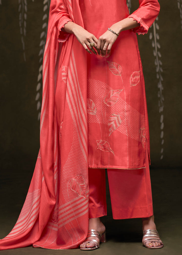 Coral Pink Silk Printed Straight Kurta Set with Hand Embroidery &amp; Zari Work