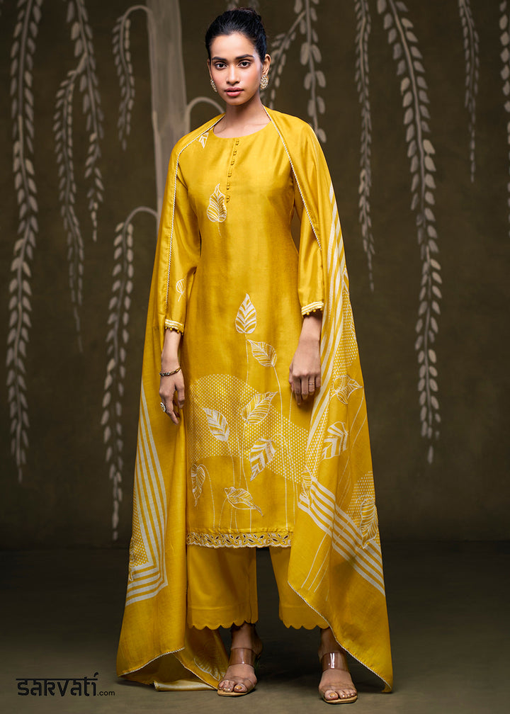 Golden Yellow Silk Printed Straight Kurta Set with Hand Embroidery &amp; Zari Work