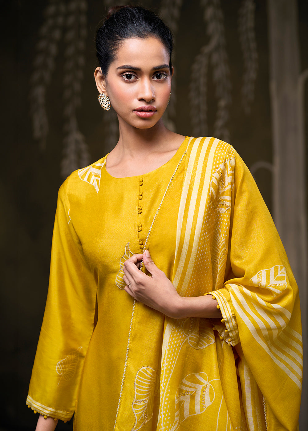 Golden Yellow Silk Printed Straight Kurta Set with Hand Embroidery &amp; Zari Work