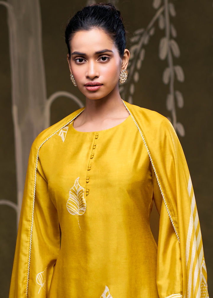 Golden Yellow Silk Printed Straight Kurta Set with Hand Embroidery &amp; Zari Work