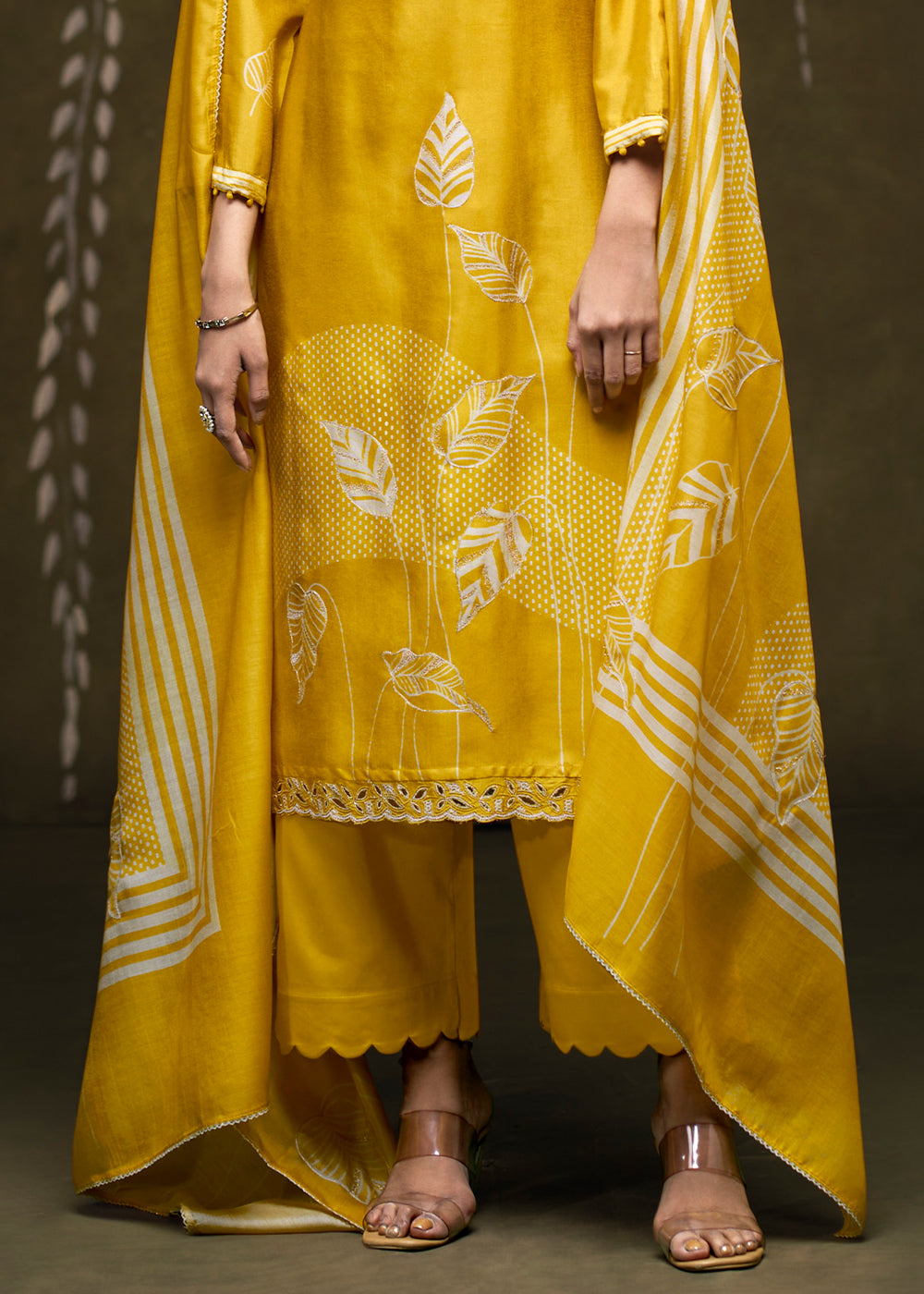 Golden Yellow Silk Printed Straight Kurta Set with Hand Embroidery &amp; Zari Work