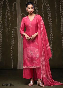 Punch Pink Silk Printed Straight Kurta Set with Hand Embroidery & Zari Work