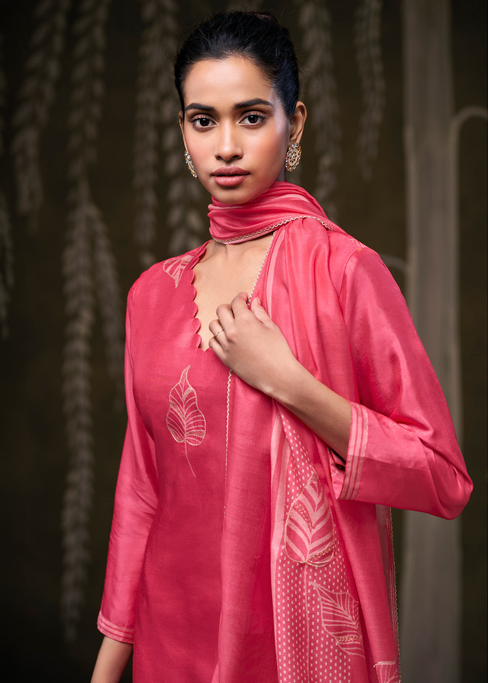 Punch Pink Silk Printed Straight Kurta Set with Hand Embroidery &amp; Zari Work