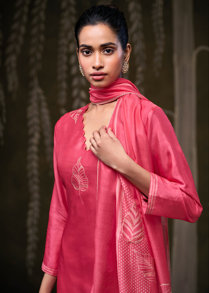 Punch Pink Silk Printed Straight Kurta Set with Hand Embroidery &amp; Zari Work