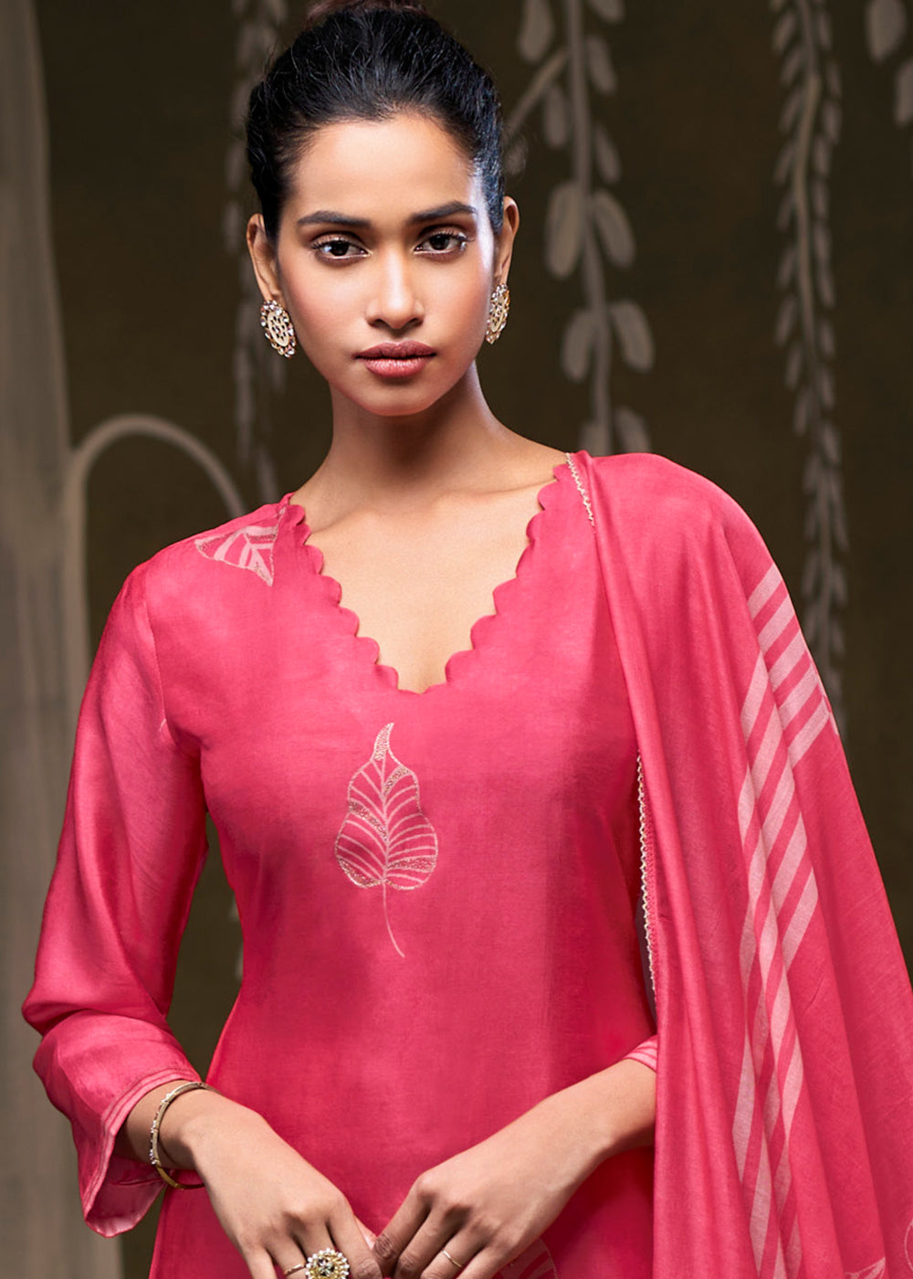 Punch Pink Silk Printed Straight Kurta Set with Hand Embroidery &amp; Zari Work