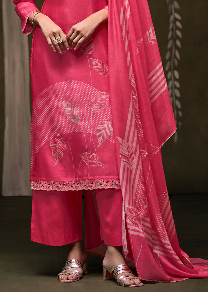 Punch Pink Silk Printed Straight Kurta Set with Hand Embroidery &amp; Zari Work