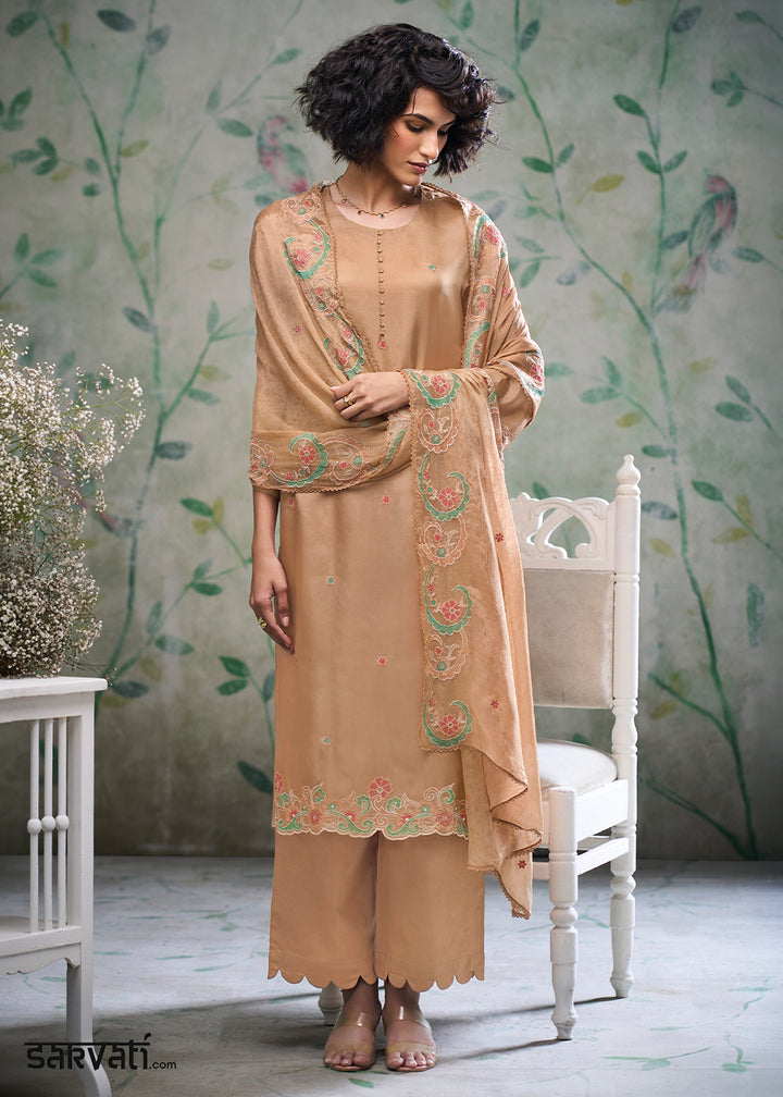 Beige Brown Silk Straight Kurta Set with Hand &amp; Schiffli Embroidery