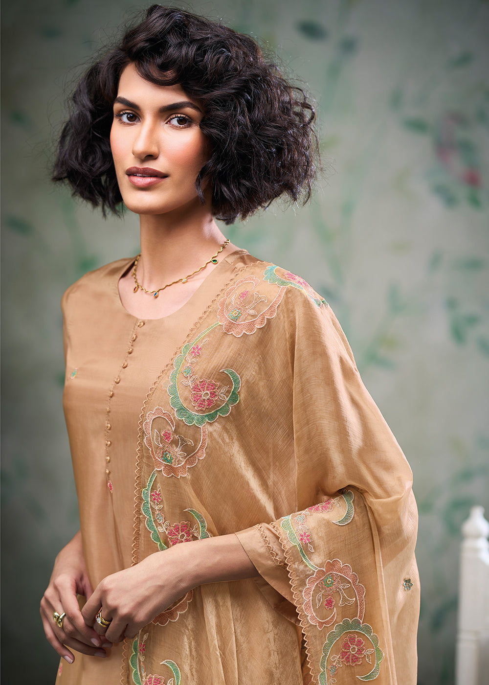 Beige Brown Silk Straight Kurta Set with Hand &amp; Schiffli Embroidery