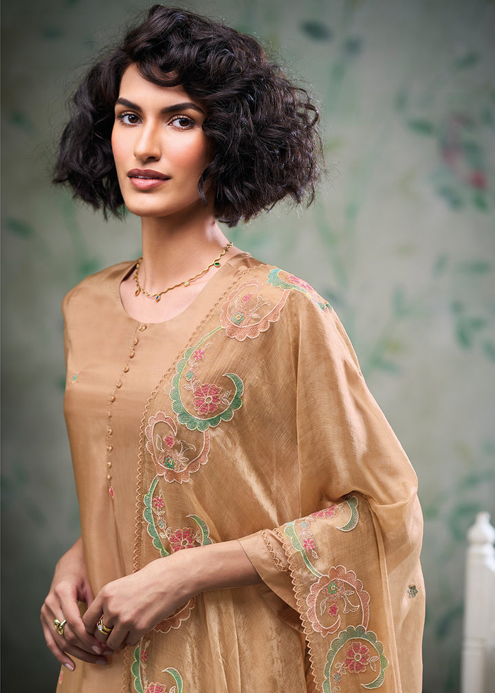 Beige Brown Silk Straight Kurta Set with Hand &amp; Schiffli Embroidery