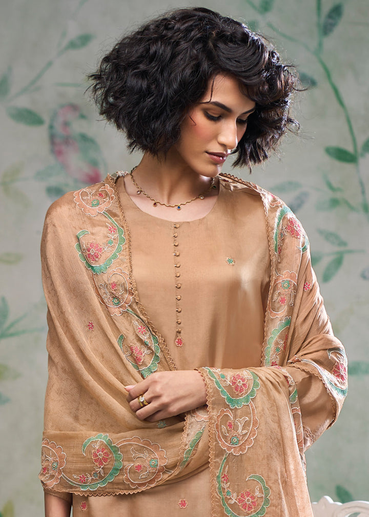 Beige Brown Silk Straight Kurta Set with Hand &amp; Schiffli Embroidery