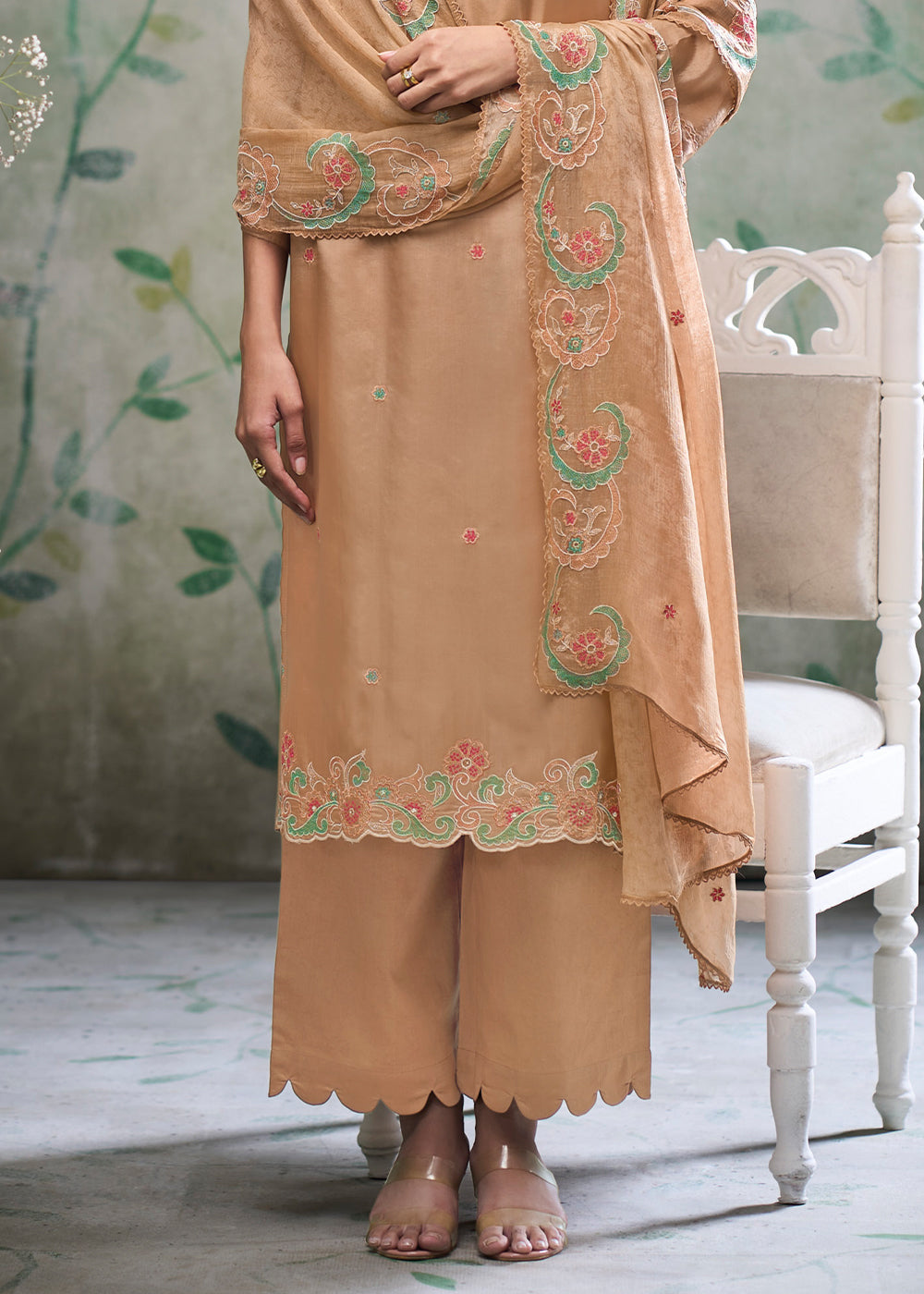 Beige Brown Silk Straight Kurta Set with Hand &amp; Schiffli Embroidery