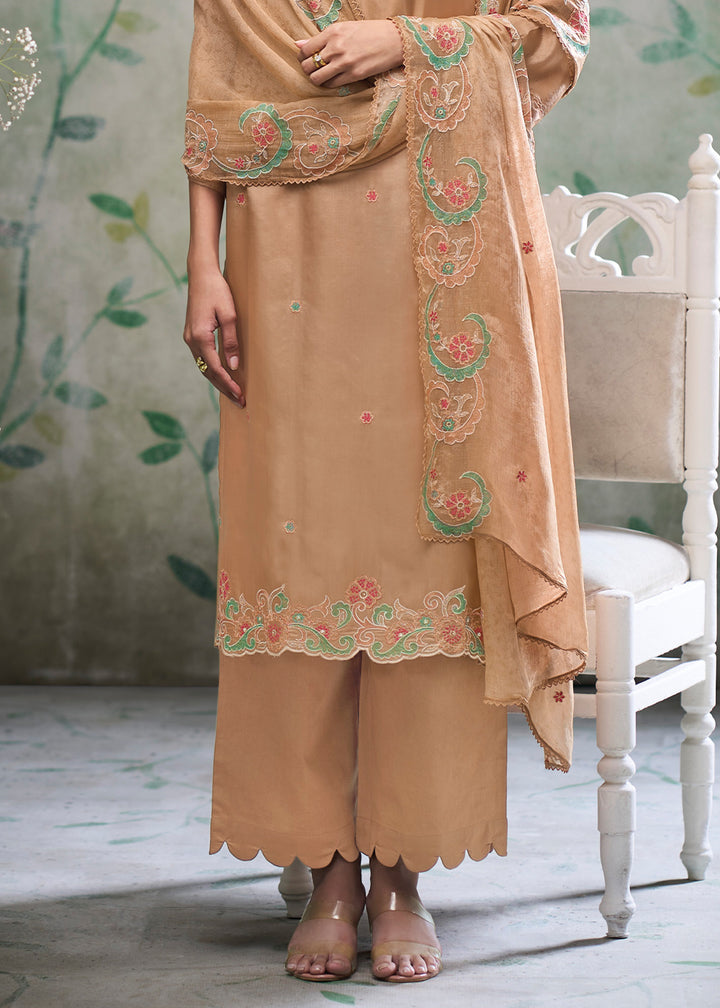 Beige Brown Silk Straight Kurta Set with Hand &amp; Schiffli Embroidery