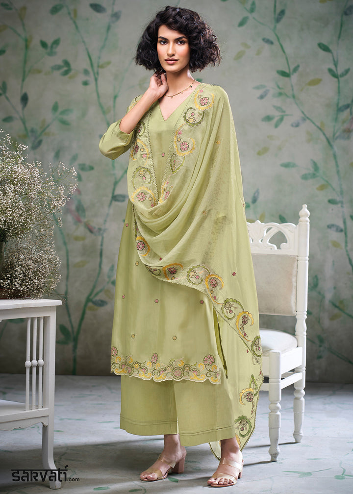 Pistachio Green Silk Straight Kurta Set with Hand &amp; Schiffli Embroidery
