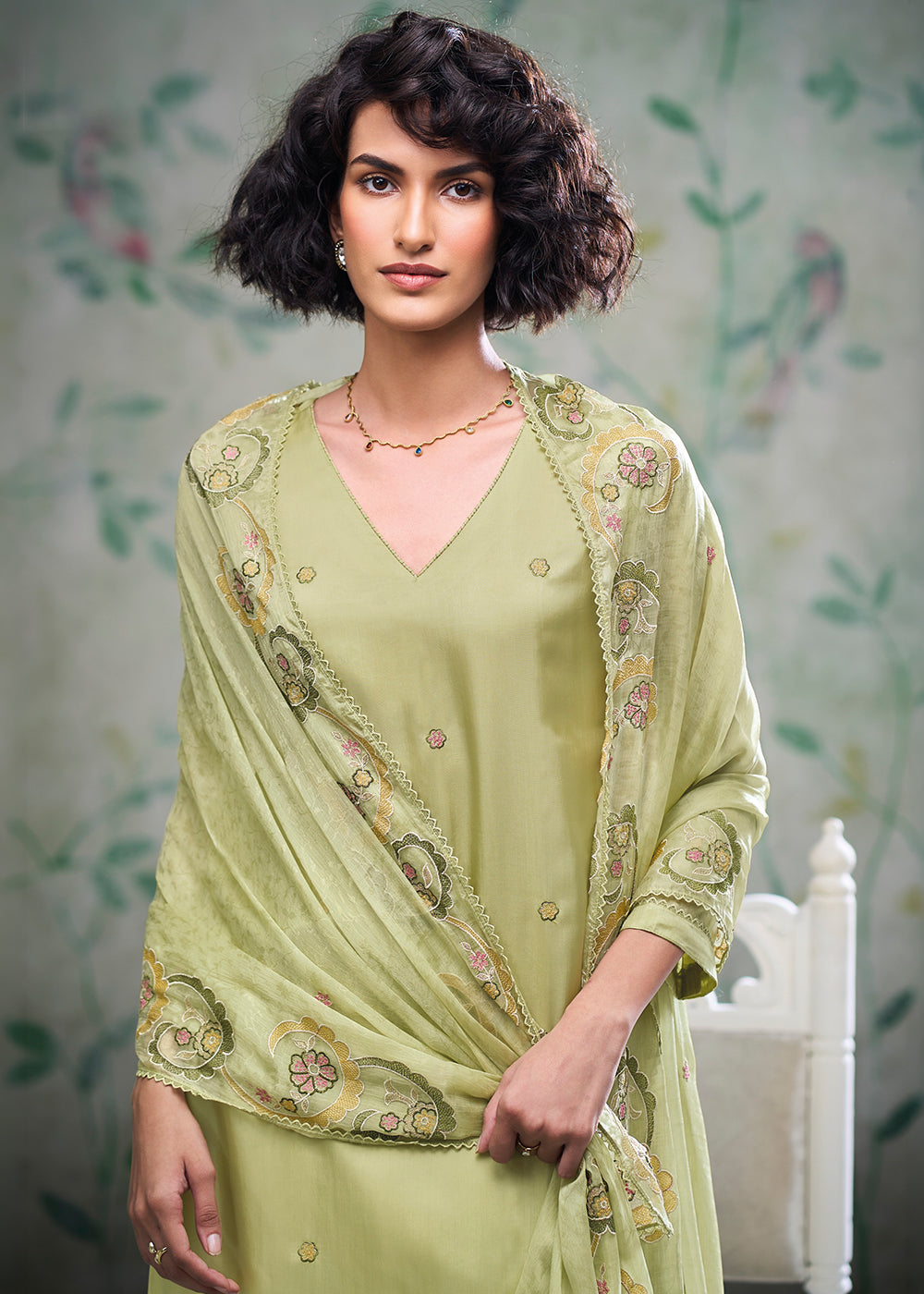 Pistachio Green Silk Straight Kurta Set with Hand &amp; Schiffli Embroidery