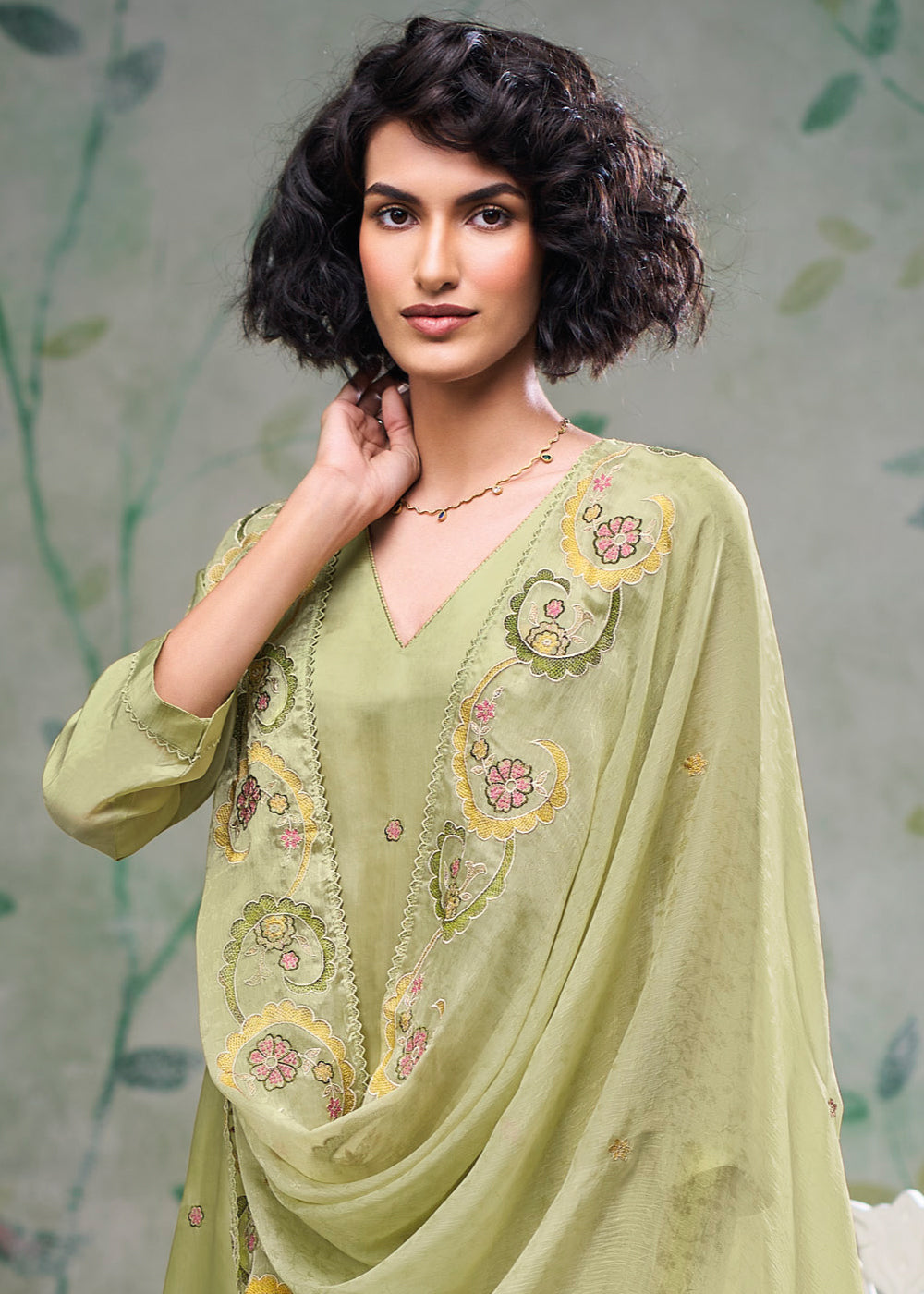 Pistachio Green Silk Straight Kurta Set with Hand &amp; Schiffli Embroidery