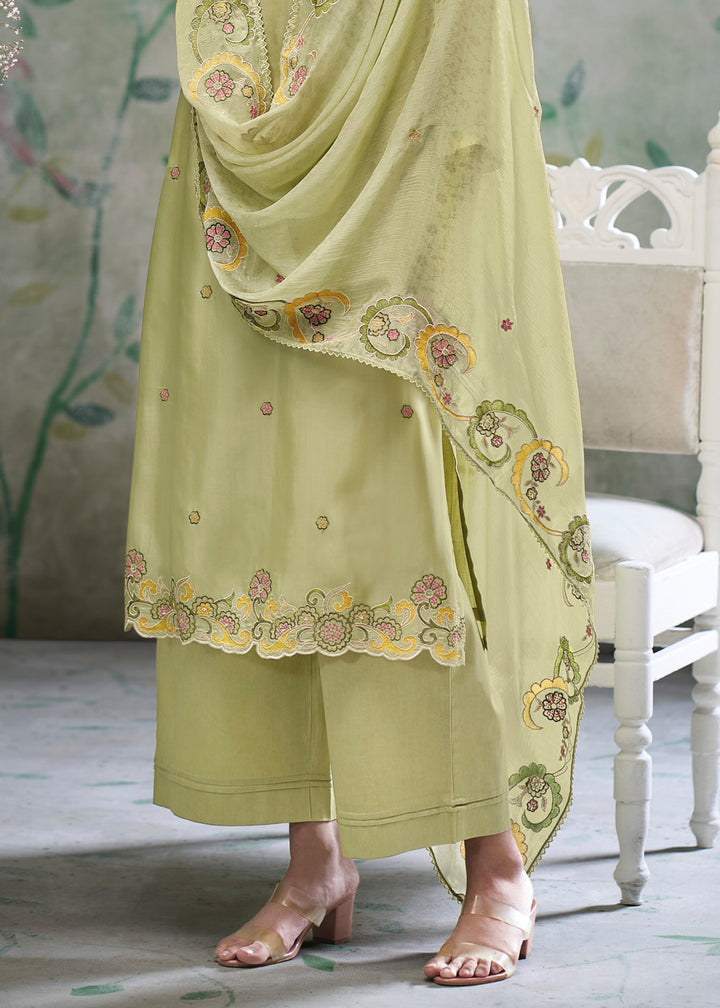 Pistachio Green Silk Straight Kurta Set with Hand &amp; Schiffli Embroidery