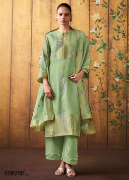Pistachio Green Organza Jacquard Silk Straight Kurta Set with Hand Embroidery & Jari Lace Detailing