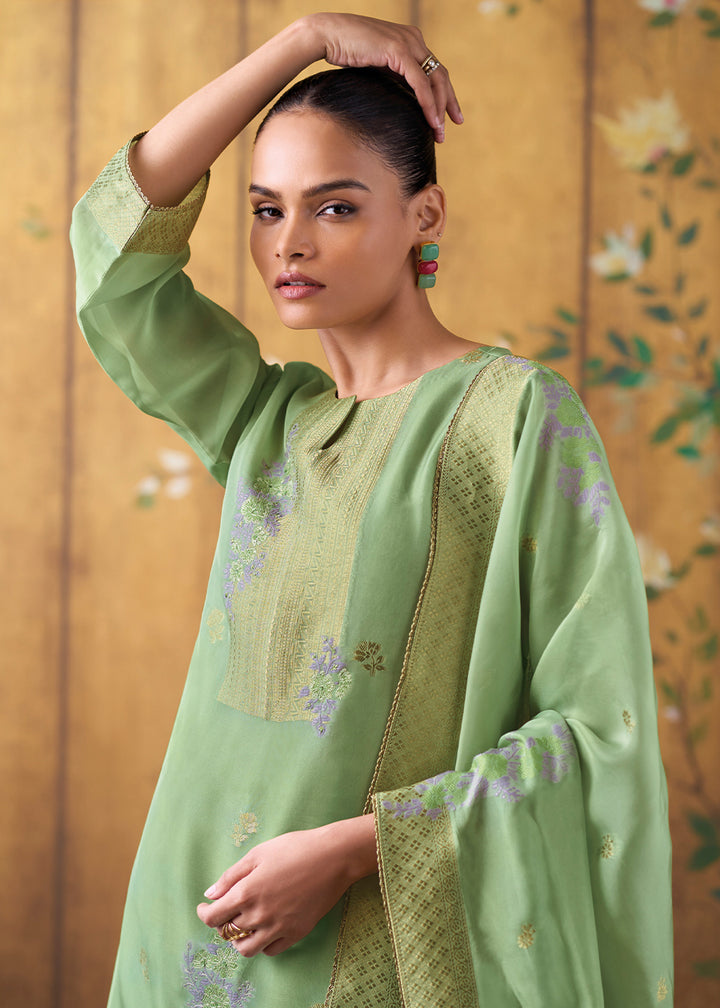 Pistachio Green Organza Jacquard Silk Straight Kurta Set with Hand Embroidery &amp; Jari Lace Detailing