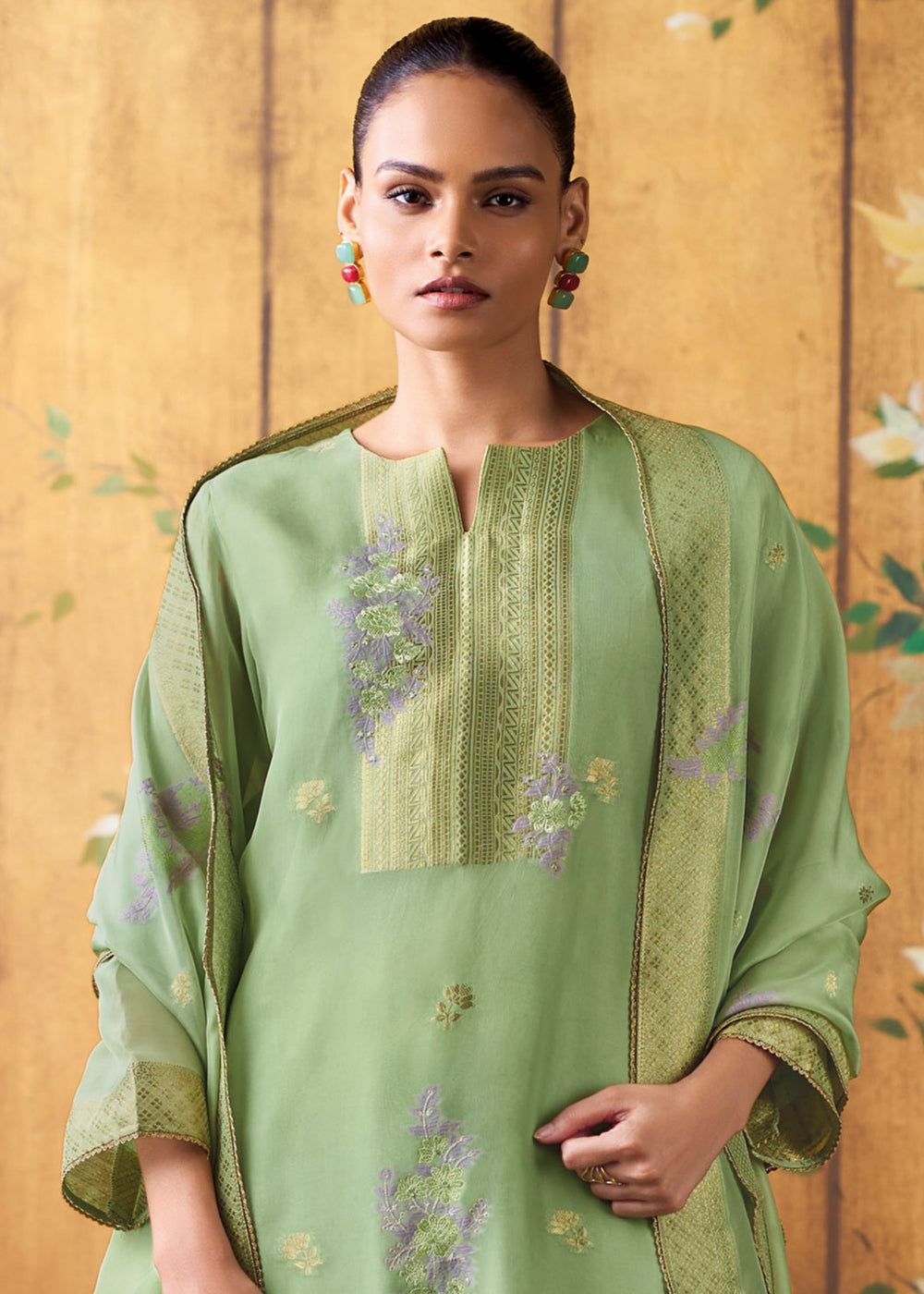 Pistachio Green Organza Jacquard Silk Straight Kurta Set with Hand Embroidery &amp; Jari Lace Detailing