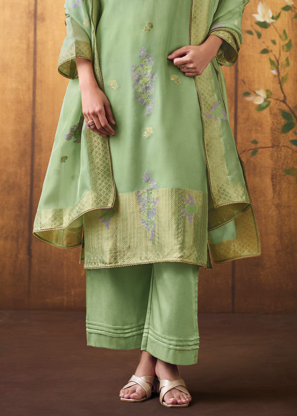 Pistachio Green Organza Jacquard Silk Straight Kurta Set with Hand Embroidery &amp; Jari Lace Detailing