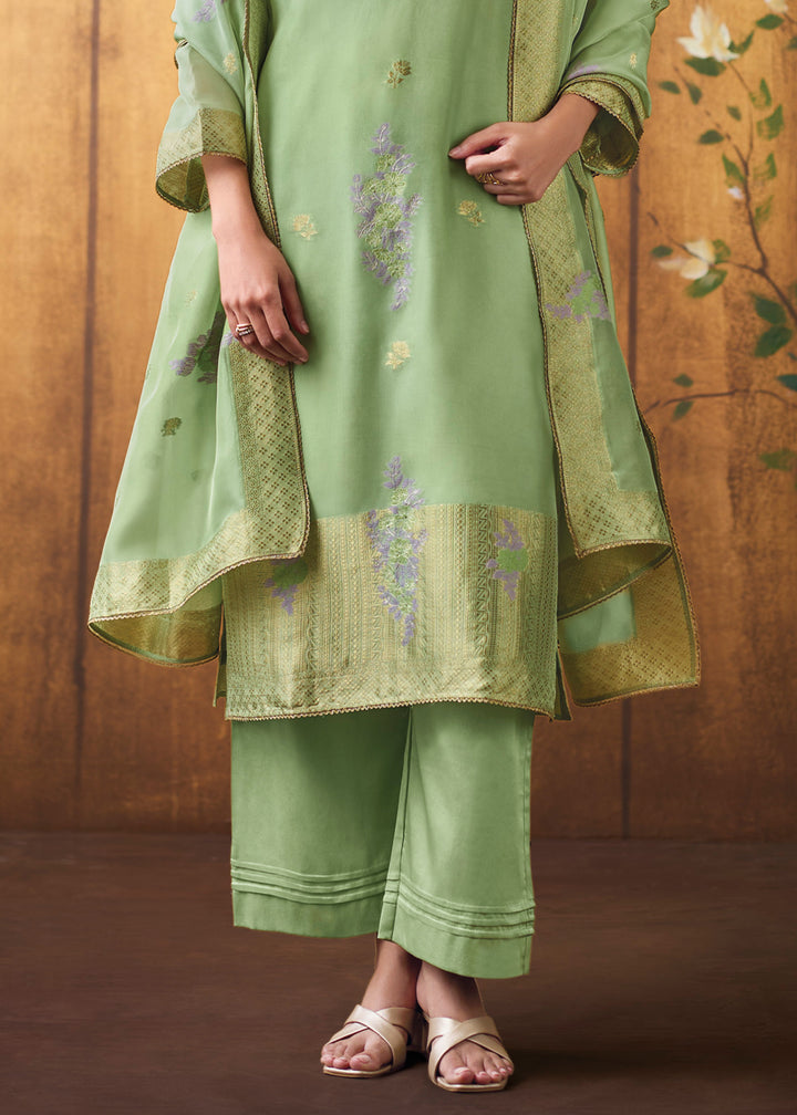 Pistachio Green Organza Jacquard Silk Straight Kurta Set with Hand Embroidery &amp; Jari Lace Detailing
