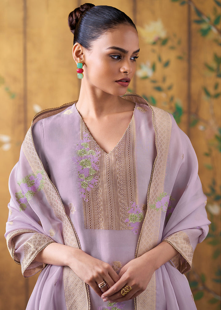 Lavender Purple Organza Jacquard Silk Straight Kurta Set with Hand Embroidery &amp; Jari Lace Detailing
