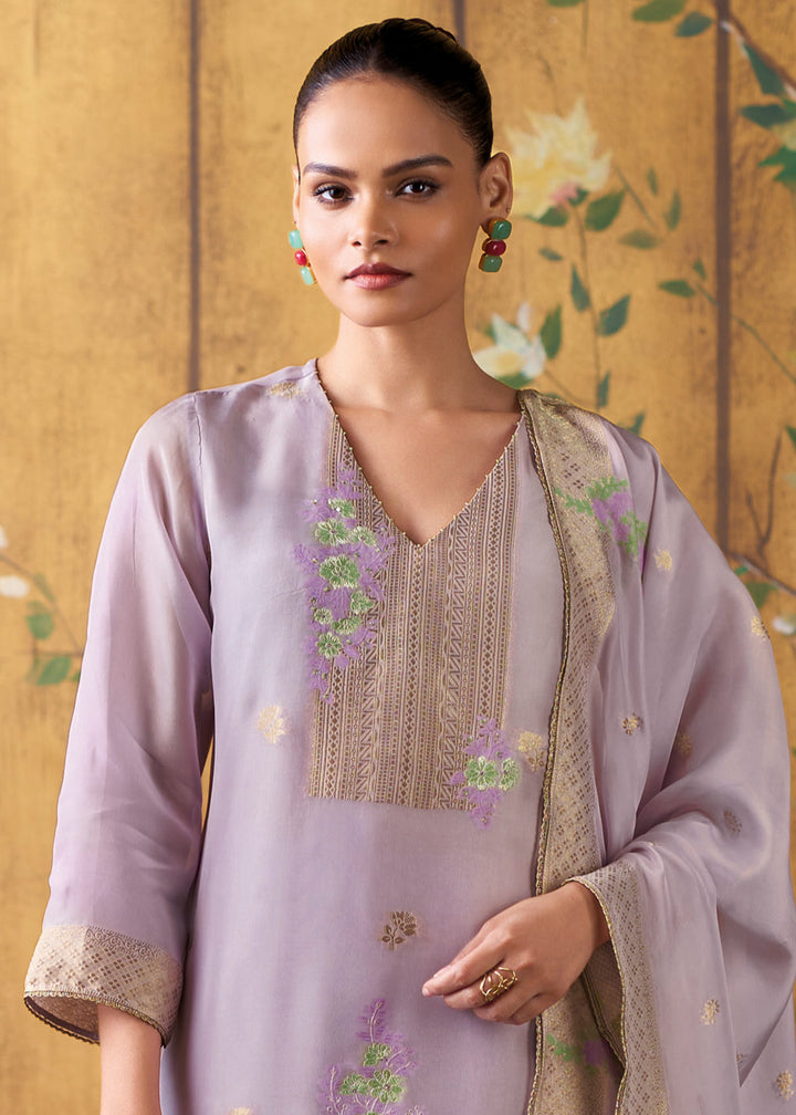 Lavender Purple Organza Jacquard Silk Straight Kurta Set with Hand Embroidery &amp; Jari Lace Detailing