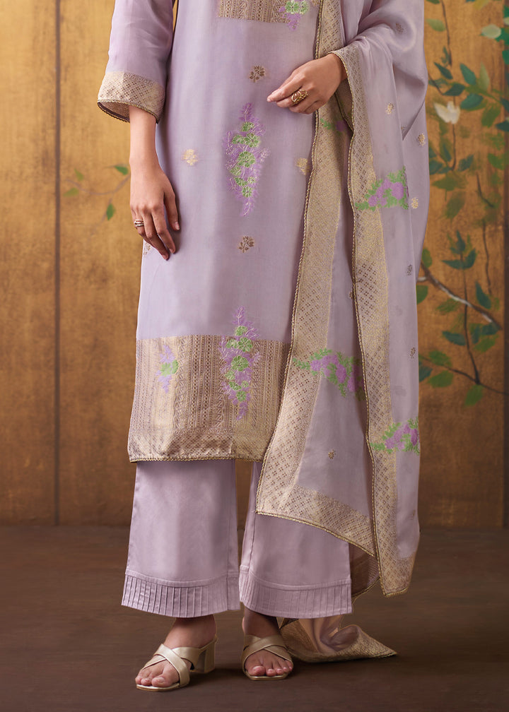 Lavender Purple Organza Jacquard Silk Straight Kurta Set with Hand Embroidery &amp; Jari Lace Detailing