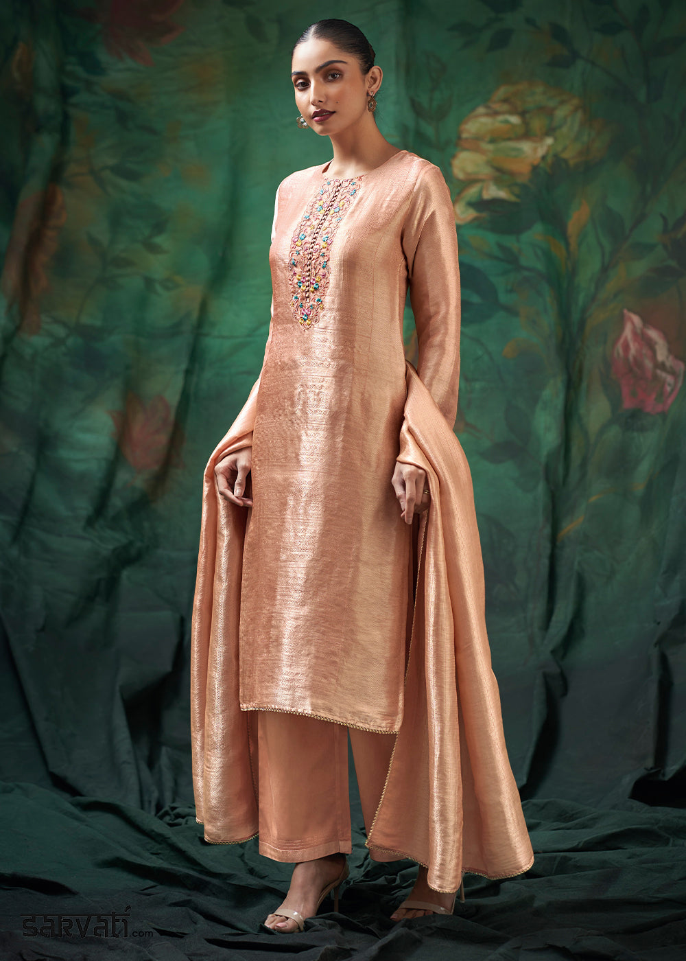 Peach Beige Jacquard Silk Kurta Set with Resham Floral Embroidery &amp; Zari Lace