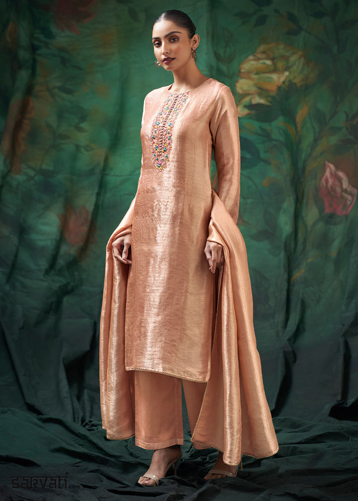 Peach Beige Jacquard Silk Kurta Set with Resham Floral Embroidery &amp; Zari Lace