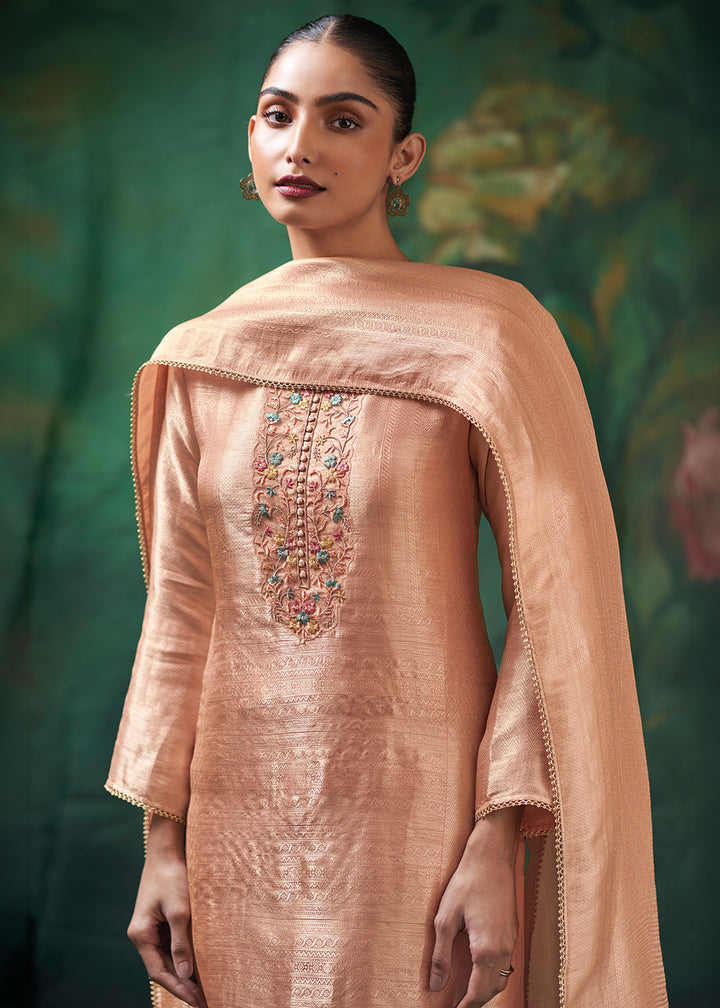 Peach Beige Jacquard Silk Kurta Set with Resham Floral Embroidery &amp; Zari Lace