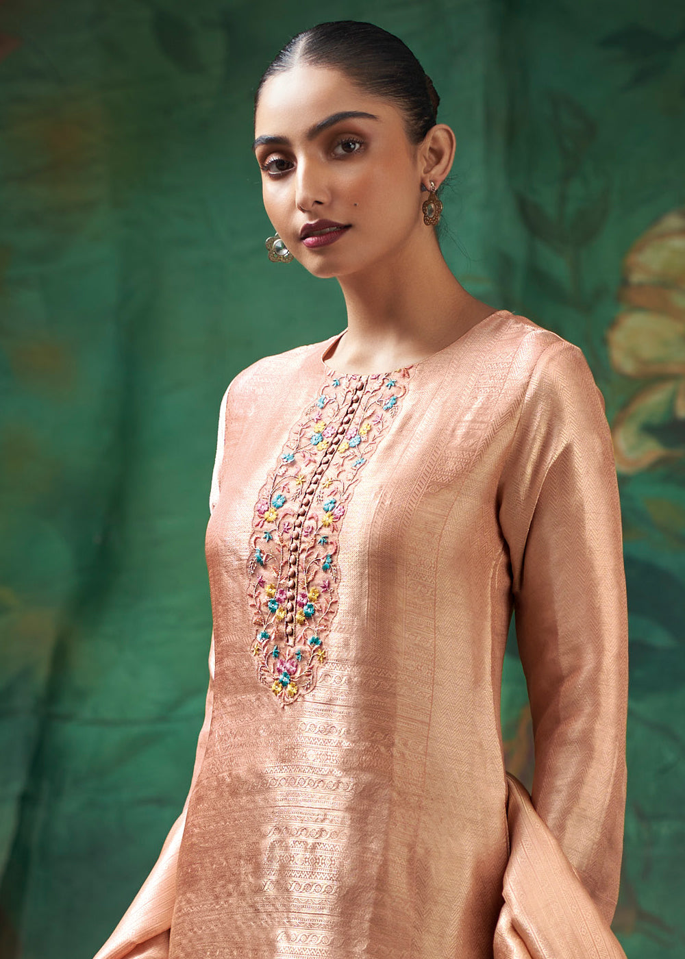Peach Beige Jacquard Silk Kurta Set with Resham Floral Embroidery &amp; Zari Lace