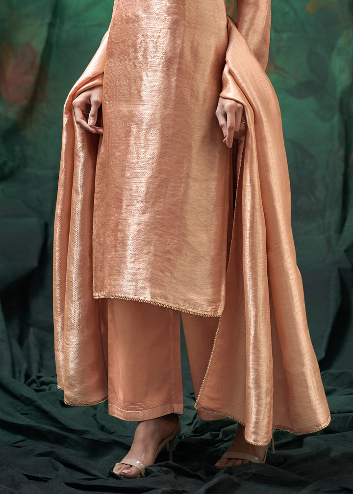 Peach Beige Jacquard Silk Kurta Set with Resham Floral Embroidery &amp; Zari Lace