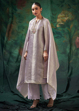 Soft Lavender Jacquard Silk Kurta Set with Resham Floral Embroidery & Zari Lace