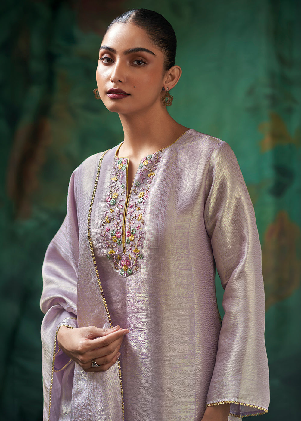 Soft Lavender Jacquard Silk Kurta Set with Resham Floral Embroidery &amp; Zari Lace