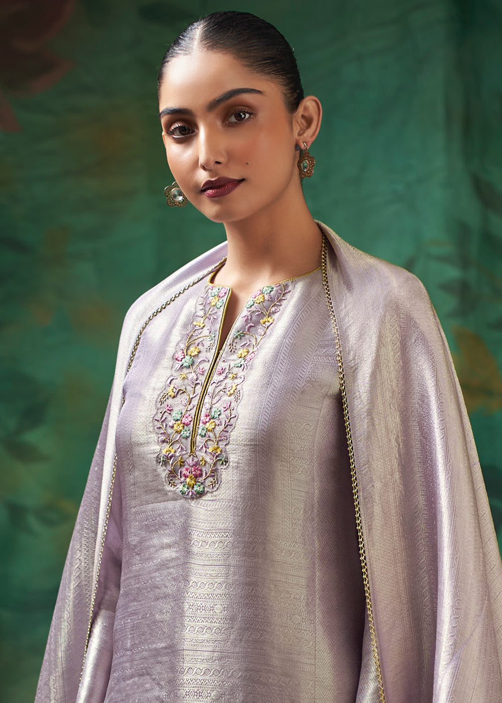 Soft Lavender Jacquard Silk Kurta Set with Resham Floral Embroidery &amp; Zari Lace