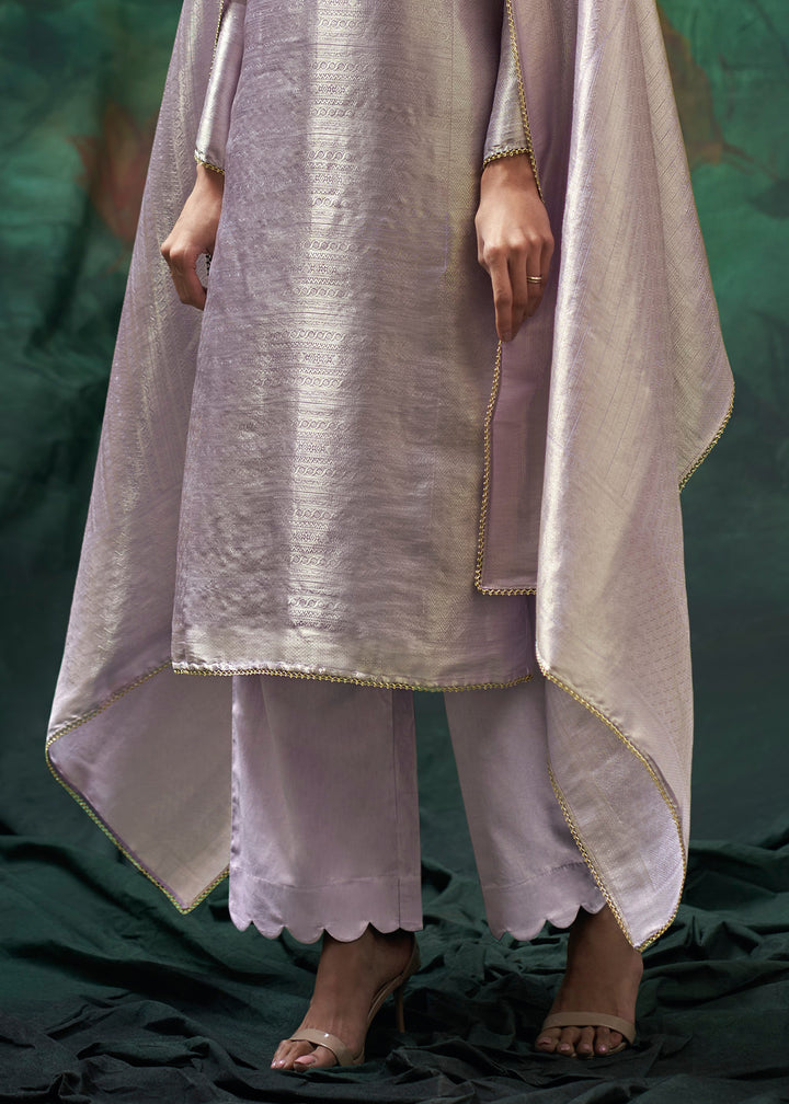 Soft Lavender Jacquard Silk Kurta Set with Resham Floral Embroidery &amp; Zari Lace