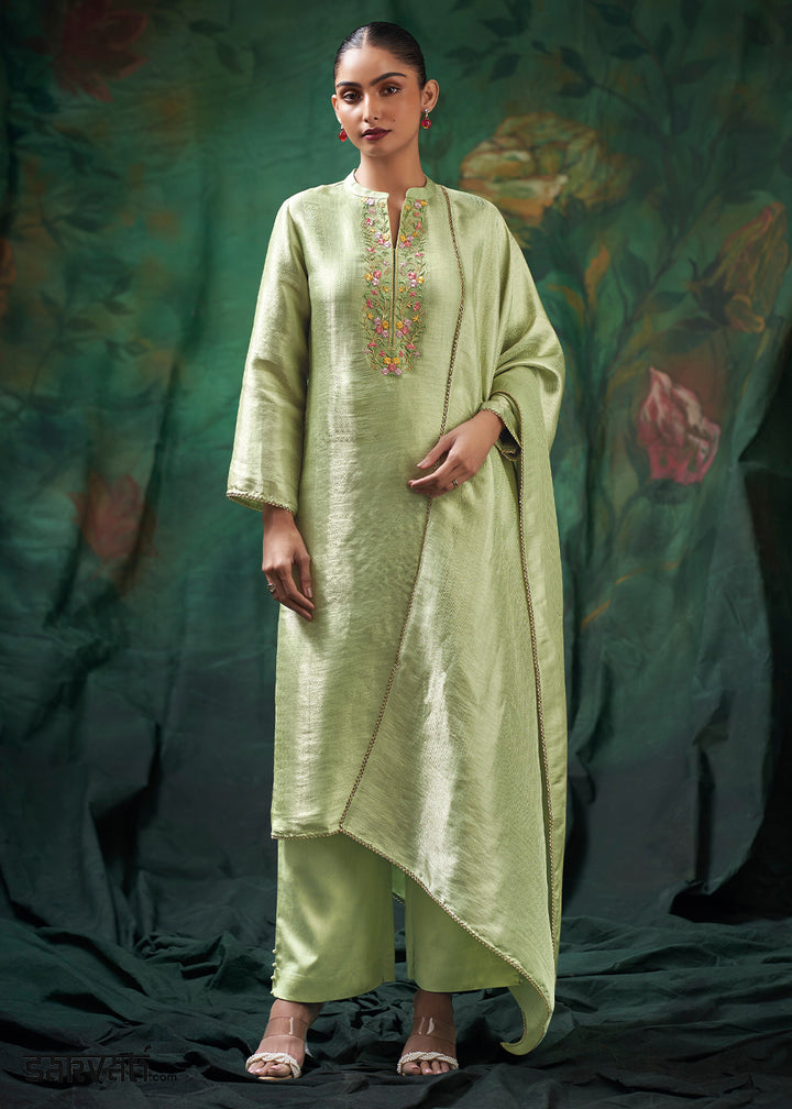 Pastel Green Jacquard Silk Kurta Set with Resham Floral Embroidery &amp; Zari Lace