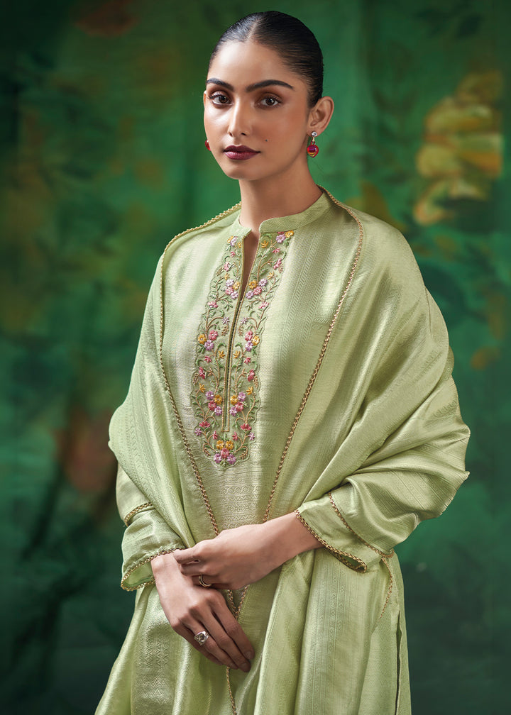 Pastel Green Jacquard Silk Kurta Set with Resham Floral Embroidery &amp; Zari Lace