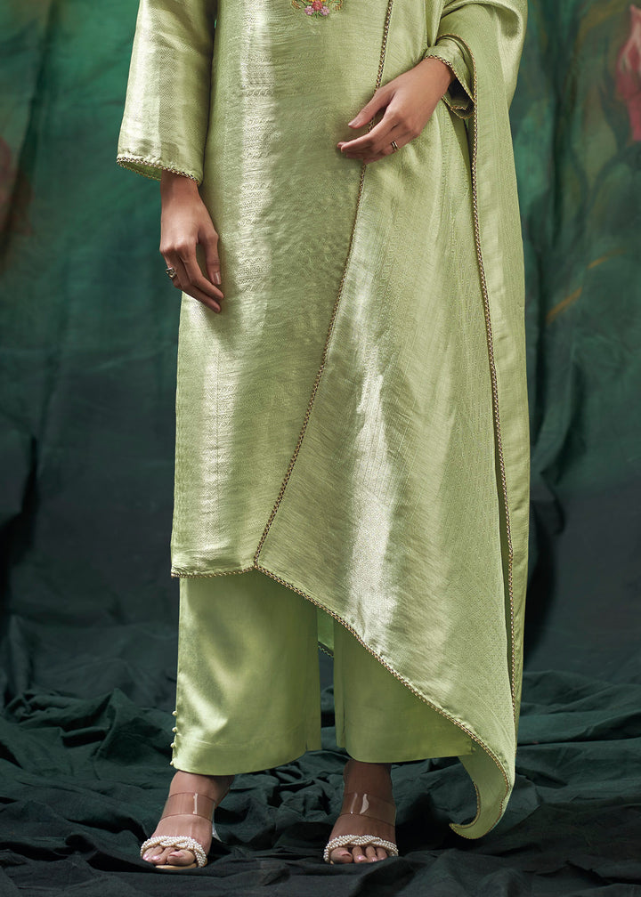 Pastel Green Jacquard Silk Kurta Set with Resham Floral Embroidery &amp; Zari Lace