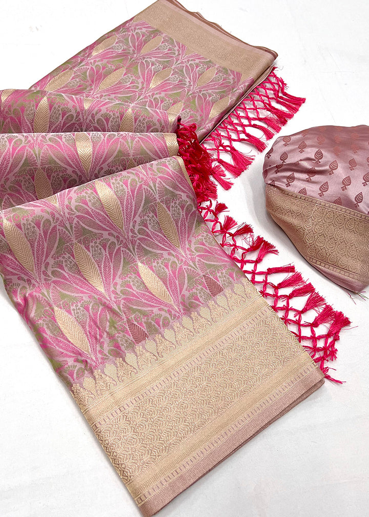 Shades Of Pink Handloom Satin Silk Saree Featuring Buttis All Over