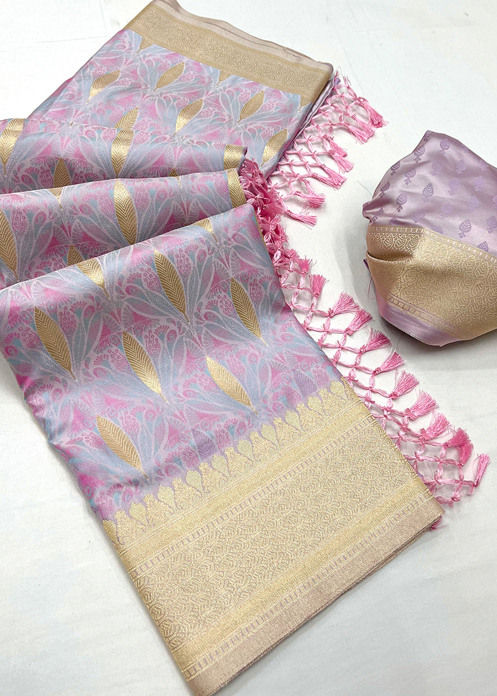 Pale Purple Handloom Satin Silk Saree Featuring Buttis All Over